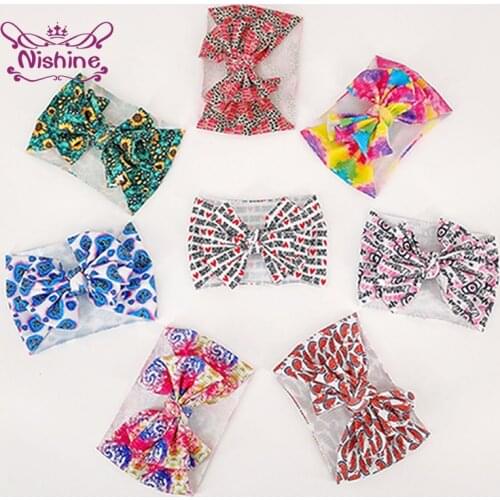 Nishine Cute Cartoon Pattern Bows Elastic Wide Headband Vintage Print Bowknot Infant Hairband Kids Hair Accessories Photo Props