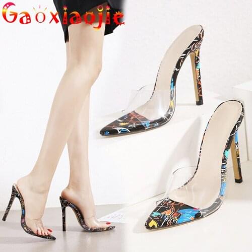Gaoxiaojie 2021 New Fashion Large Size Slippers Transparent Women Shoes Fish Mouth Pointed End Career Sandals Summer Wear Heels