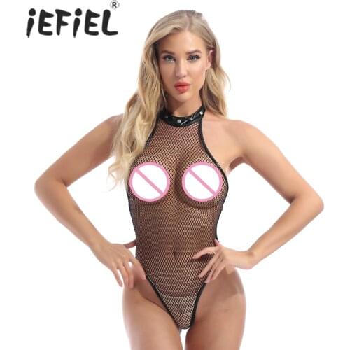 IEFiEL Women See-through Fishnet Bodysuit Hollow Out Leotard Teddies Sleeveless Halter Neck Catsuit Jumpsuit for Lingerie Party