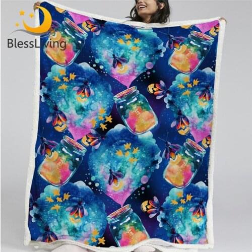 BlessLiving Firefly Throw Blanket Fairy Tale Plush Bedspread Magic Night Blankets For Bed Watercolor Bottles Kids Furry Blanket