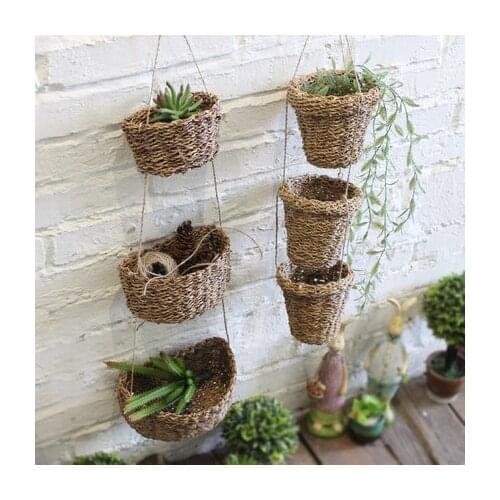 Hemp Hand-Woven Wicker Basket Rattan Baskets Small Wall-Mounted Hook Type Flowerpot Home Hanging Basket Home Decor Usa Style