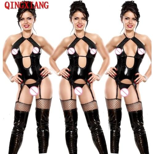 M-4XL PU Night Club Open Bust Backless Bodysuit 2021 Women Faux Leather Hollow Out Open Crotch Halter Sexy Lingerie With Panties