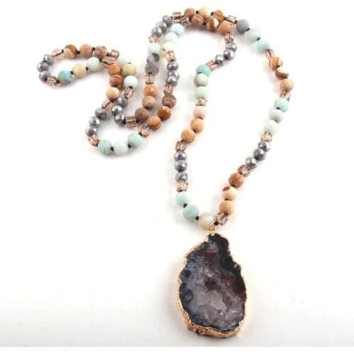 Fashion Bohemian Tribal Jewelry Stone Long Knotted Irregular Druzy Stone Pendant Necklaces D