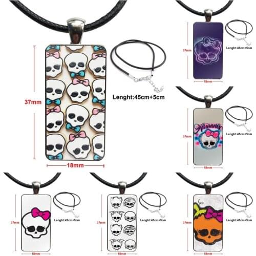 Monster High Cute Skull Logo For Girls Handmade Gift Glass Pendant Necklace Handmade Half Pendant Rectangle Necklace
