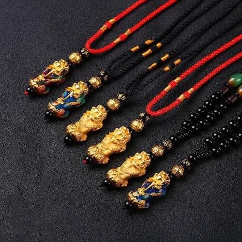 Unisex Gold Color Pixiu Beads Pendant Obsidian Stone Beaded Necklace Fengshui Wealth Good Luck Rope Chain Necklace for Men Women