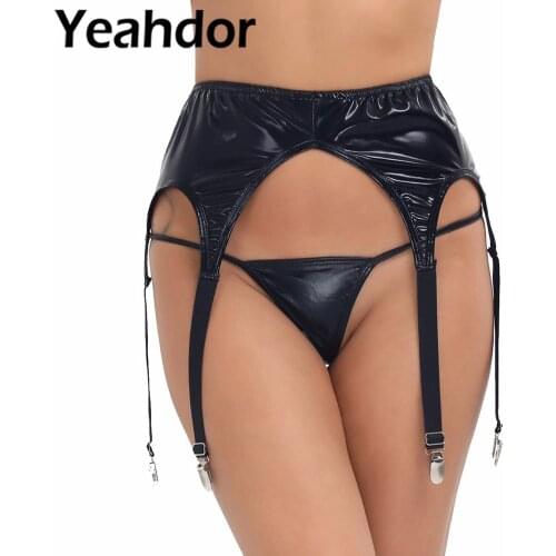 Womens Wetlook Patent Leather Suspender Sock Garters Belts Panty G-string Plastic Or Metal Clip Sock Holder Fastener Suspenders