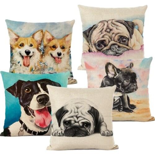 Hand-painted Dog Decorative Pillows Cute Bulldog Cushion Cover Linen Pillow Case for Cojines Decorativos Para Sofa