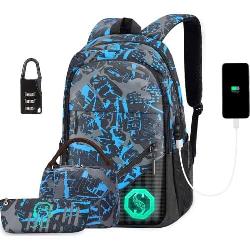 3 in 1 School Backpack Anti Theft Backpack School Bags with USB Charging Port Lunch Box Pencil Bag Set for Boys Water Resistant