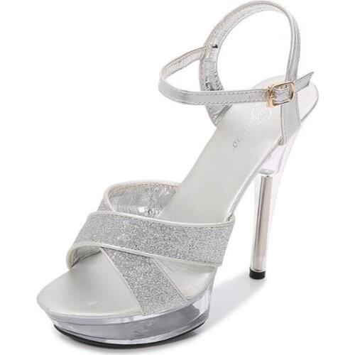 Walking Show 12.5CM Thin high-heeled Women Sandals Sequined Cloth Buckle Strap Open Toed waterproof platform Wedding women shoes