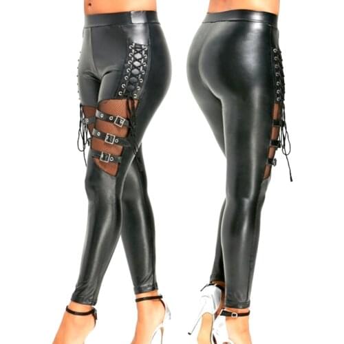 Sexy Women Lace Up Faux Leather Leggings Black Buckles Fishnet Spliced Wetlook Vinyl Shiny Skinny Leggings Bandage Exotic Pants