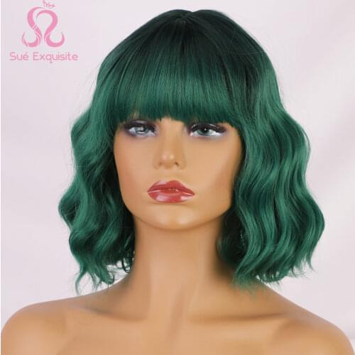 Short Bob Wigs for Black Women Synthetic Green Wavy Wigs with Bangs Shoulder Length Heat Resistant Fiber Red/Pind Cosplay hair