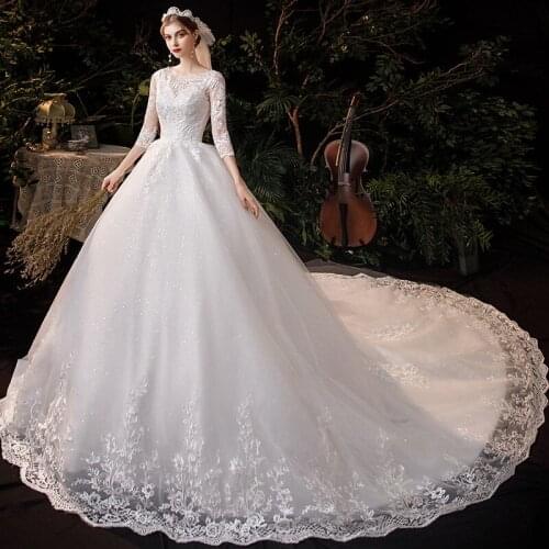 Wedding Dress 2021 New O-neck Luxury Lace Chapel Train Ball Gown Princess Elegant Robe De Mariee Vestido De Noiva Customize