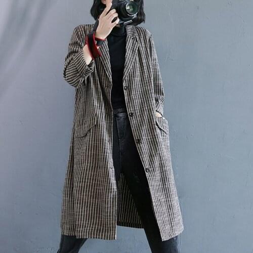 Vintage Long Stripe Women Coats Autumn Winter New Loose Pocket Cotton Linen Female Outwear Tops