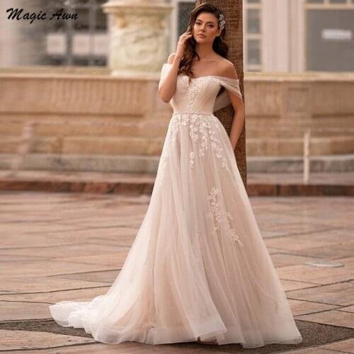 Magic Awn Elegant Wedding Dresses Off The Shoulder 2021 Lace Appliques Beaded Sash Princess Boho Bridal Gowns Abito Da Sposa