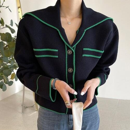 ZCSMLL Korean Lapel Single-breasted Single-breasted Hit Color All-match Loose Long-sleeved Vintage Knitted Cardigan Jacket Women