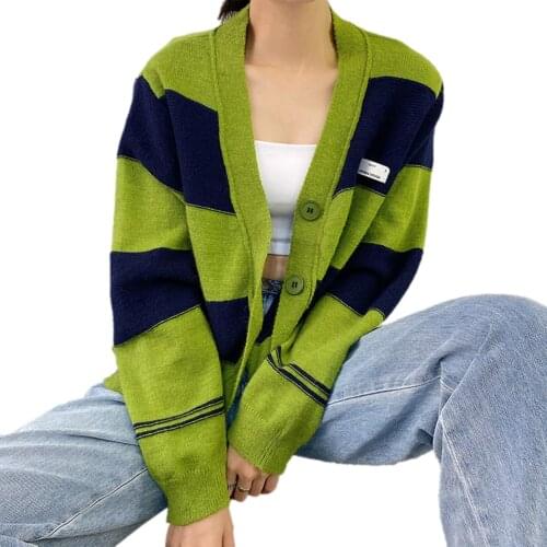 Women Color Block Sweater Adults Button-down Stripe Pattern Long Sleeve V-neck Knit Cardigan