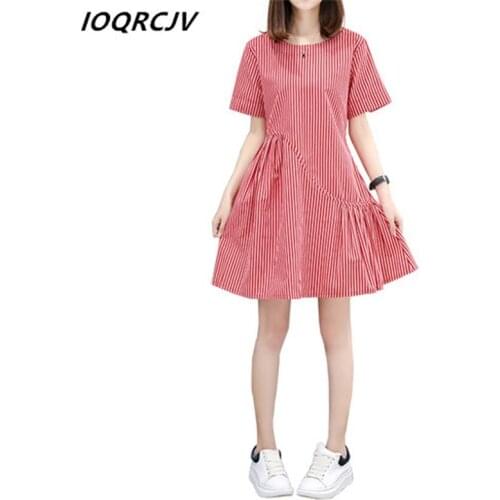 2019 Summer Women Cotton and Linen Dress Casual Fashion Short Sleeve Loose O Neck Slim striped A Line Mini Dress Female Dress