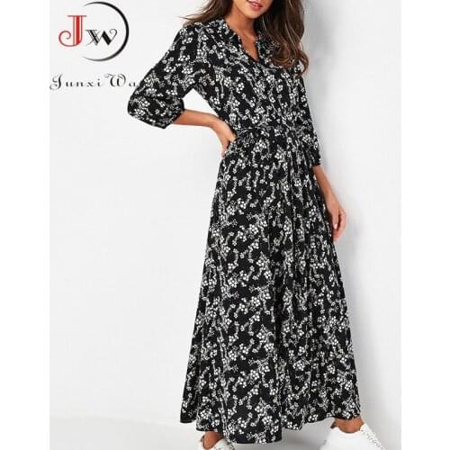 Women Maxi Dress Vintage Floral Print Chiffon Boho Long Dress Turn Down Collar Casual Elegant Shirt Dresses Robe Femme Vestidos