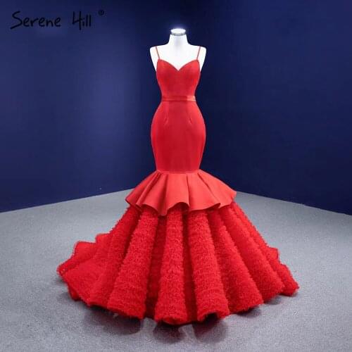 Serene Hill Red Ruffles Mermaid Wedding Dresses 2021 Spaghetti Strap Elegant Sexy Bride Gowns Custom Made CHM67311