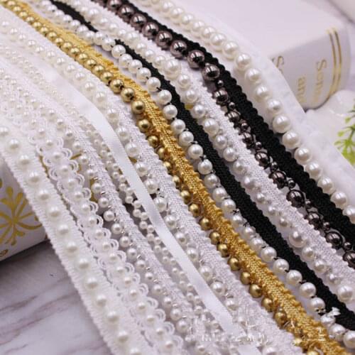 1Yard White Black Pearl Beads Lace Trim Fabric Lace Ribbon for DIY Craft Garment Costume Dress Sewing Materials Accessories