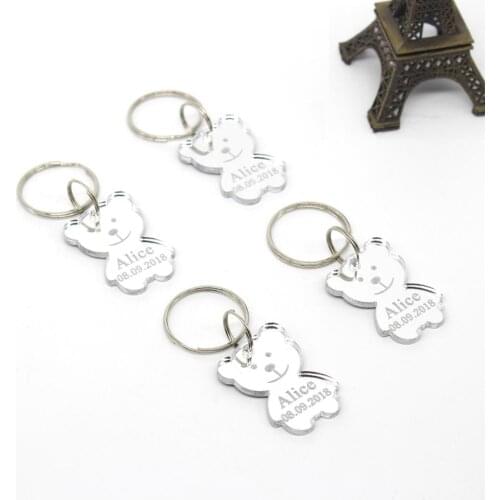 30x Personalized Laser Engraved Silver Mirror Bears Keychain Birthday Party Favors Customized Baby Shwer Gifts Souvenirs Keyring