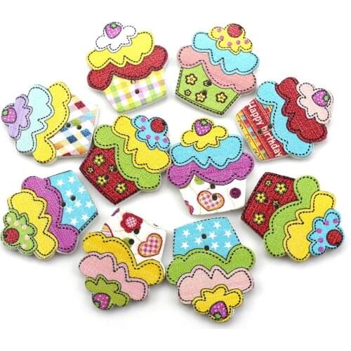 50PCS Cartoon Cake Wooden Buttons for Clothing Scrapbooking Accessories Decorative Wood Button Craft Sewing Supplies 25MM