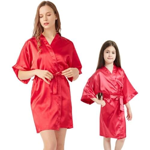 Girls Satin Silk Bathrobes Mother Daughter Party Summer Nightdress Kimono Robe Pajamas New Fashion Family Gathering Sleepwear