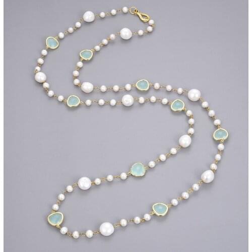 Jewelry 44" Natural Pearl White Baroque Keshi Pearl Blue Crystal Long Necklace