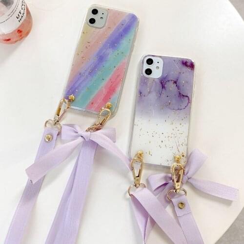 Epoxy Glitter Sequins Case for iPhone 12 Mini 11 Pro XS Max XR 8 Plus Rainbow Sripe Bowknot Hanging Rope Crossbody Strap Cover