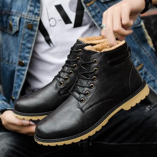 Quality PU Men Winter Leather Boots Fashion Short Plush Waterproof Ankle Bootie Male High-tops Shoes Boots Promotion bn7