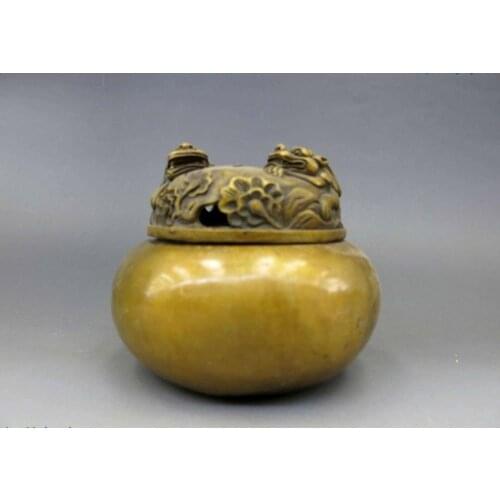 China Brass copper carved two Foo Dogs Lion Incense burner censer Statue