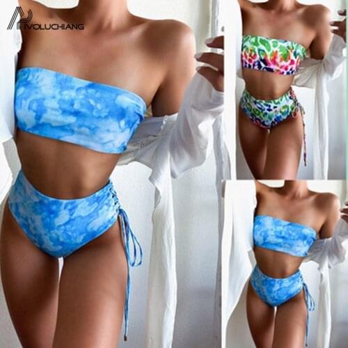 Women Summer Print Biquini Monokini Two Piece Set High Waist Bandage Swimsuit Tube Top Strapless Beachware Sports Bathing Suit