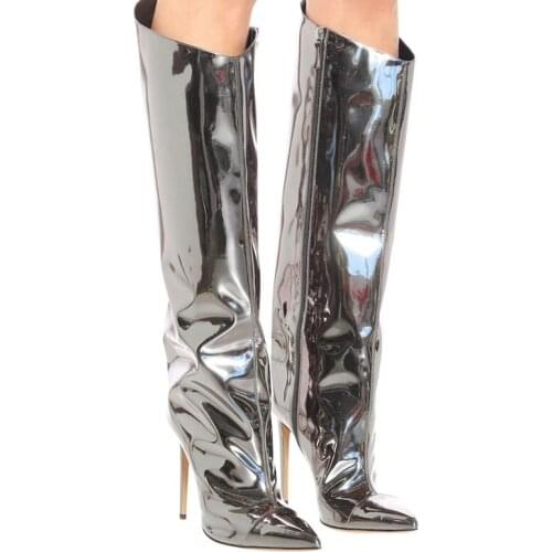 WETKISS Plus Size 17 Fashion Glossy Ladies Winter Wide Calf Boots Party Stiletto Heel Boots Sexy Women Knee High Boots Wholesale