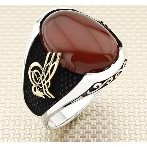 Dished Oval Red Agate Stone Men Silver Ring With Ottoman Tugra Motif Made in Turkey Solid 925 Sterling Silver
