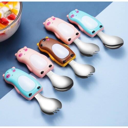 Fork Spoon Set Cartoon Design Creative Stainless Steel Sturdy Kids Tableware Utensils Creative Infant Solid Feeding Dinnerware
