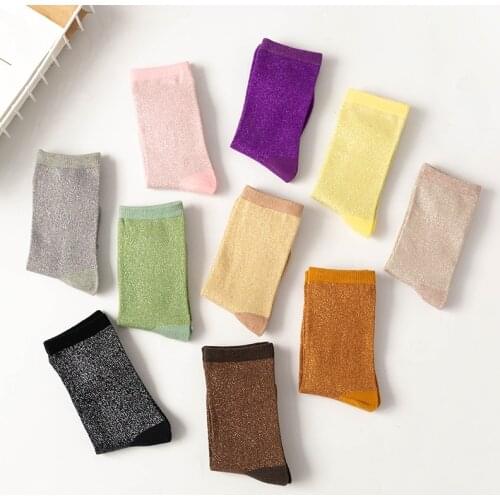Korean womens style gold and silver silk material womens fashion socks solid color glitter shiny high elastic fashionable sock