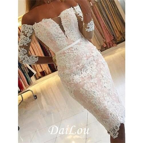 Sheath Off-The-Shoulder Knee-Length 3/4 Length Sleeves Button Lace Cocktail Dress with Sleeves 2021
