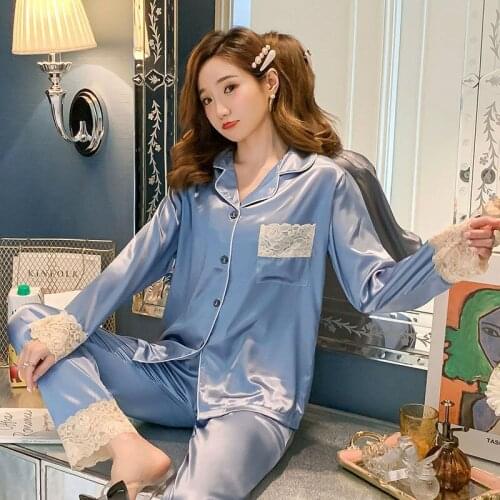 Autumn New Ice Silk Womens Pajamas, Long-sleeved Lapel Cardigan, Simulation Silk Lace Suit, Sweet Home Service Women Pajamas