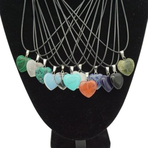 Various Lots Natural Stone Pendant Heart Drusy Crystal Druzy Necklace with PU Leather Rope Chain Jewelry