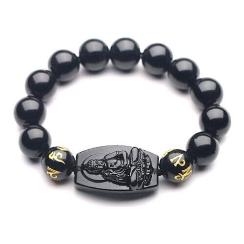 RD 10MM High Quality Natural Black Obsidian Carved Buddha Lucky Amulet Round Beads Bracelet For Women Men Bracelet Jad e Jewelry