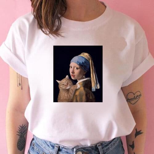 Cute Painting Cat Graphic T Shirt Women Ullzang Cute Aesthetic Pink T-shirt 90s Funny Cartoon T Shirt Cats Meow Top Tee Female