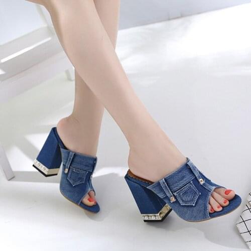 Women Denim Shoes Sexy Ladies High Heels New Fashion Women Summer Shoes Open toe Women Square Heels Sandals Heel 2021