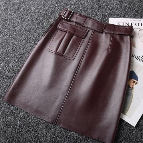 2020 Real Sheep Skin Genuine Leather Women High Waist Black A-Line Skirt Womens Vintage Office Lady Fashion Design Female