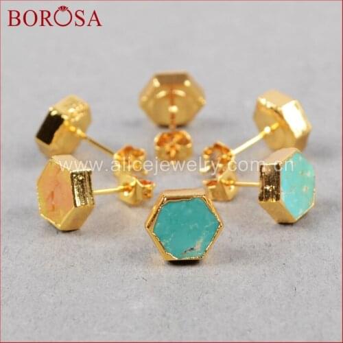 BOROSA 5 Pairs Druzy Natural Stone Earrings Hexagon 100% Natural Blue Stone Stud Earrings Gems for Women G0611