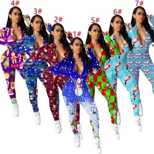 Zoctuo Slim Jumpsuit Christmas Print Casual Overalls For Female Elegance Sexy Home Long-sleeved Trousers One Piece For Women