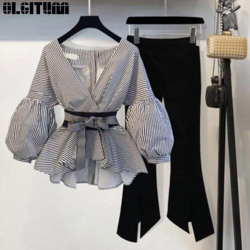 OLGITUM 2020 Women 2 Piece Set Sexy V Neck Lantern Sleeve Striped Blouse Bow Tie Shirt Top Split Pencil Flare Pant Suit WS131