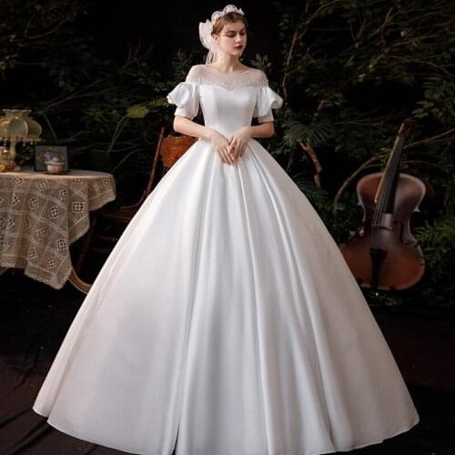KAUNISSINA Satin Wedding Dress O-Neck Short Sleeve A-Line Floor-Length Bow White Wedding Gown Princess Elegant Bride Vestido