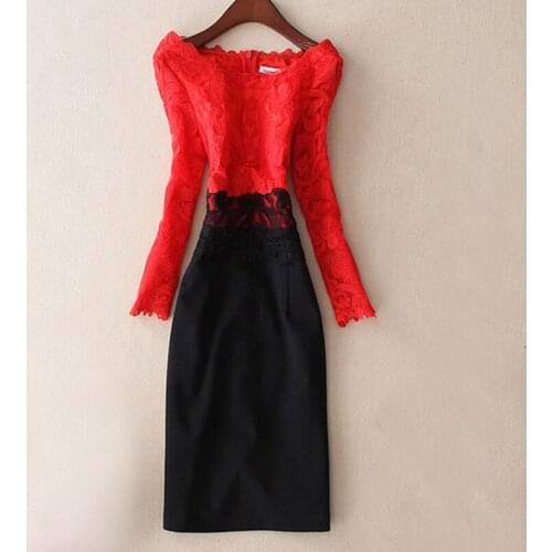 Europe station high end womens dress 2019 long sleeve autumn bottomed skirt large autumn lace mid long slim dress