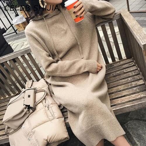 SHIJIA 2020 New Woman hooded knitted Dress ladies Full-sleeve Loose elegant long sweater dress female autumn winter 2020 khaki