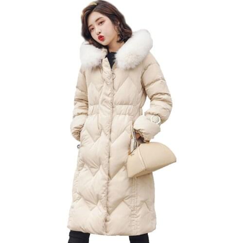 2018New Winter Women Down Jackets Female Hooded Fur Collar Button Long Winter Coats Female Warm Thicken Cotton-Padded ParkasQ922